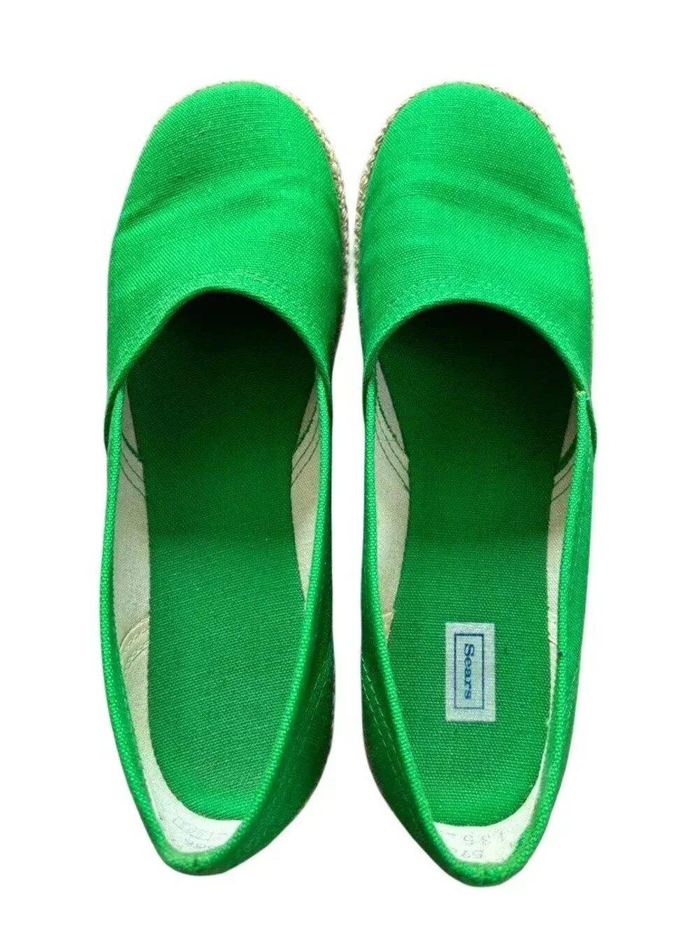 VTG SEARS Slip On Platform Wedge Espadrilles in Kelly Green  60s 70s  SZ 8.5